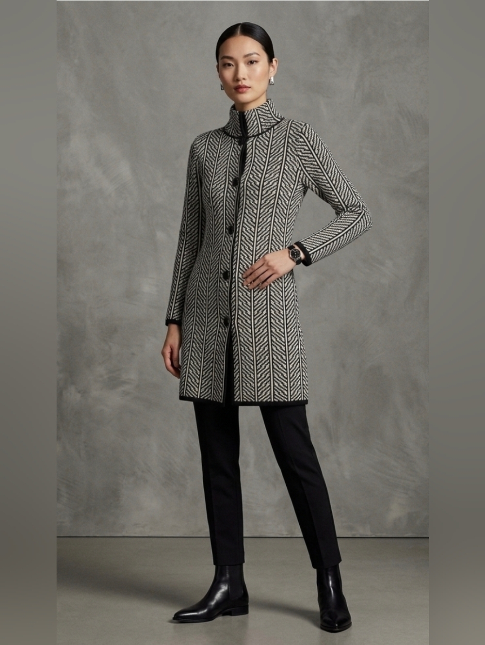 Cocogio Black & White Patterned Long Trench Coat - Classic Knit Trench